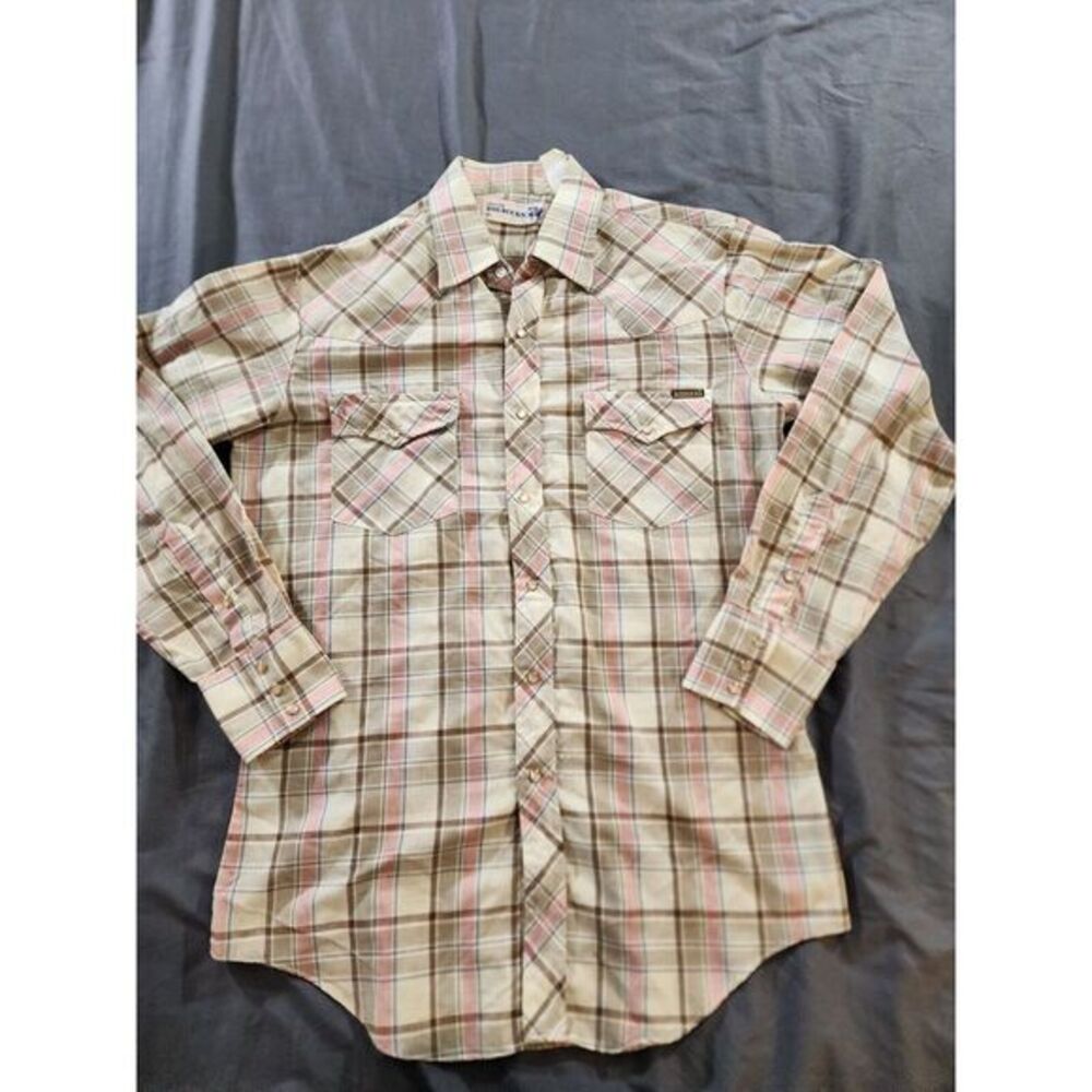 Roebuck & Co Western Shirt Brown Pink Plaid Flannel Pearl Snap 80s‎ Grunge Med